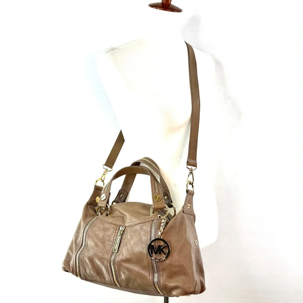 Michael Kors Moxley Taupe Leather Shoulder Crossbody Bag